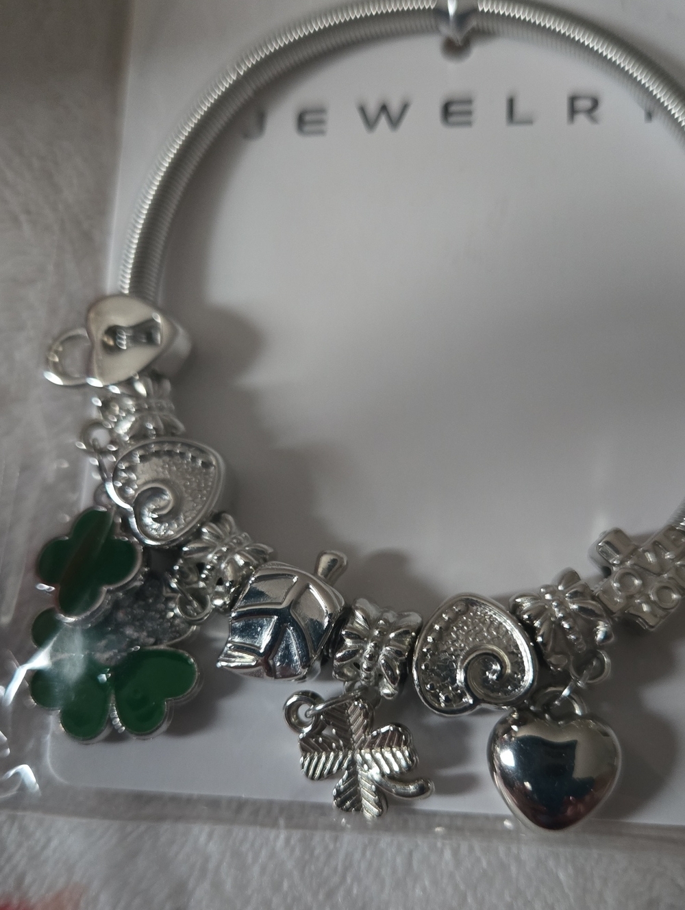 Silver Charm Bracelet with Green Enamel Clover Charms